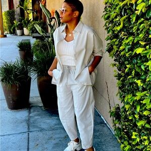 Linen Button Down Pant Set - Light Grey